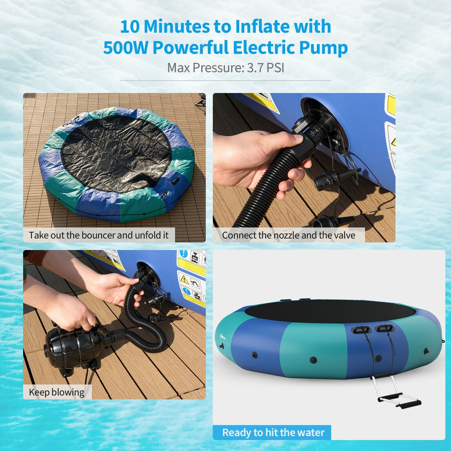 15 Feet Inflatable Splash Padded Water Bouncer Trampoline, Blue Trampolines at Gallery Canada