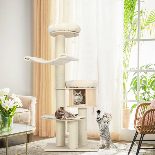 4-Layer 68.5-Inch Wooden Cat Tree Condo, Natural Cat Trees Condos & Scratchers Natural at Gallery Canada