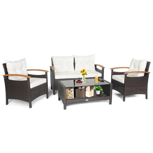 4 Pieces Patio Rattan Furniture Set with Cushioned Sofa and Storage Table, White at Gallery Canada