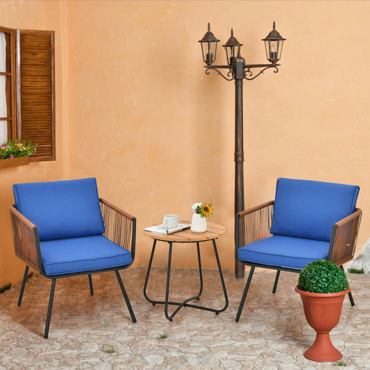 3 Piece Patio Bistro Set With Armrest, Soft Cushions, Blue