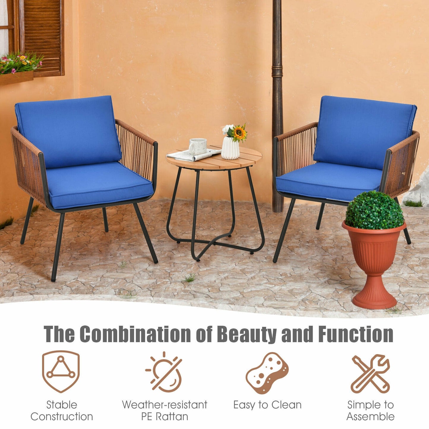 3 Piece Patio Bistro Set With Armrest, Soft Cushions, Blue Patio Conversation Sets at Gallery Canada