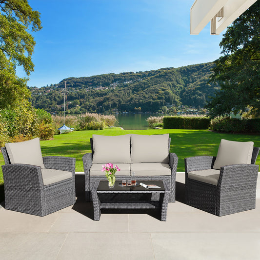 4 Piece Patio Rattan Furniture Set, Sofa Table With Storage Shelf Cushion, Beige Patio Conversation Sets Beige at Gallery Canada