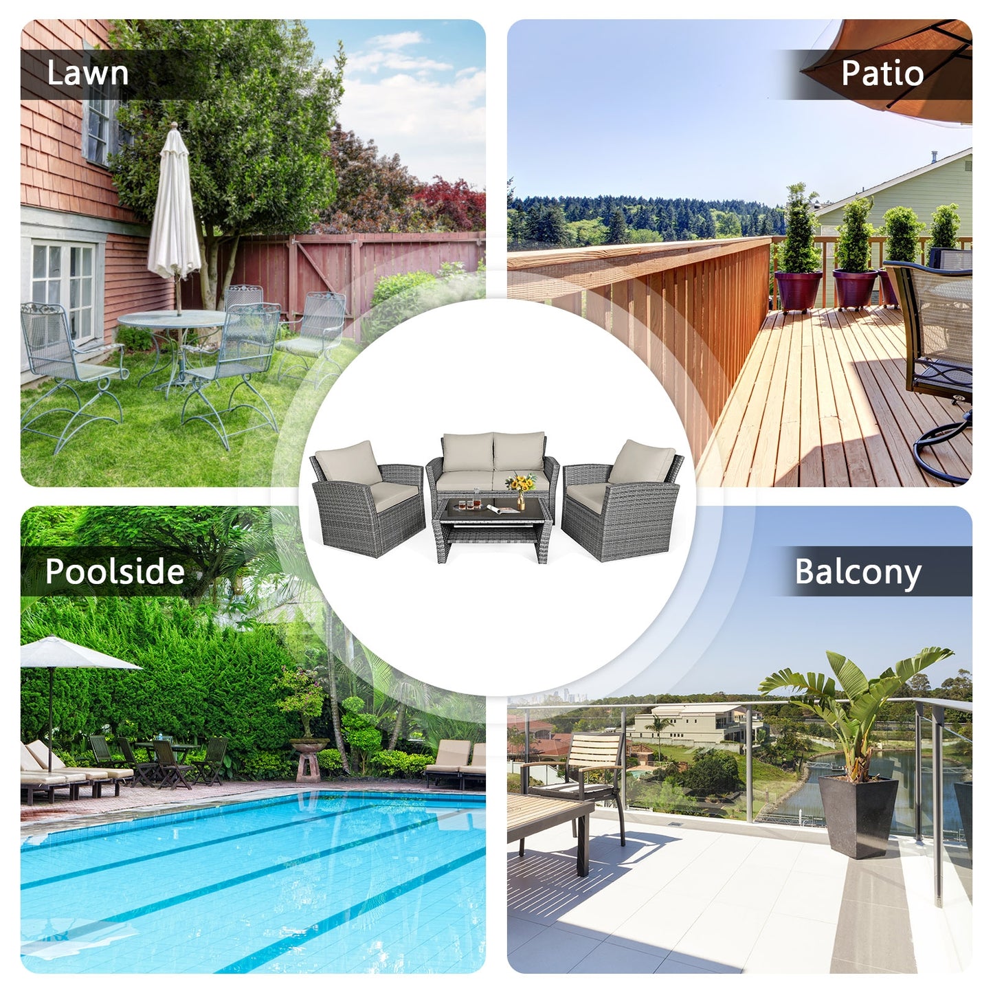 4 Piece Patio Rattan Furniture Set, Sofa Table With Storage Shelf Cushion, Beige Patio Conversation Sets at Gallery Canada