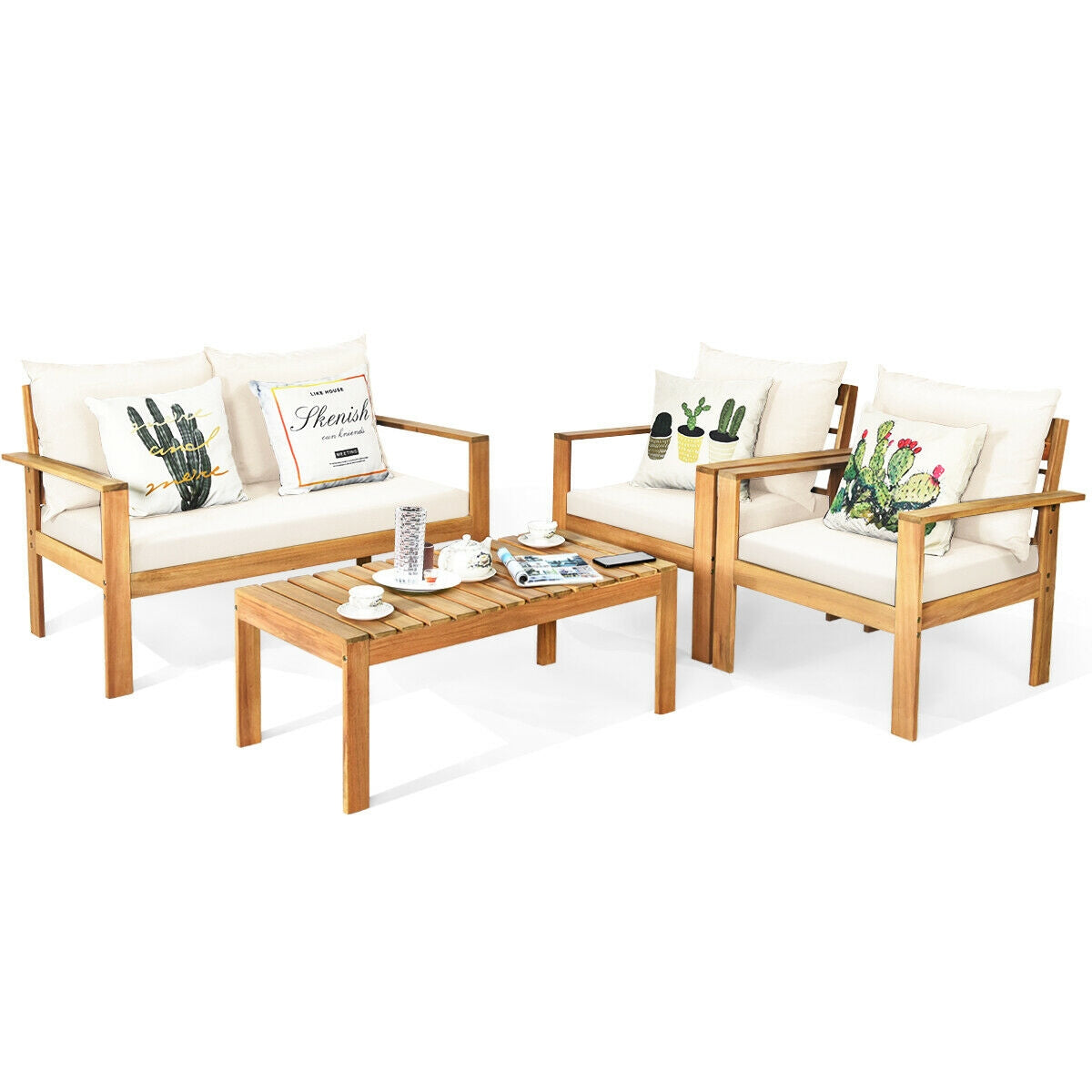 4 Piece Acacia Wood Patio Loveseat Sofa Set, White Patio Conversation Sets at Gallery Canada