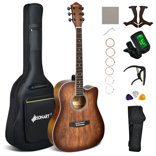 41 Inch Full Size Cutaway Acoustic Guitar Set for Beginner, Brown