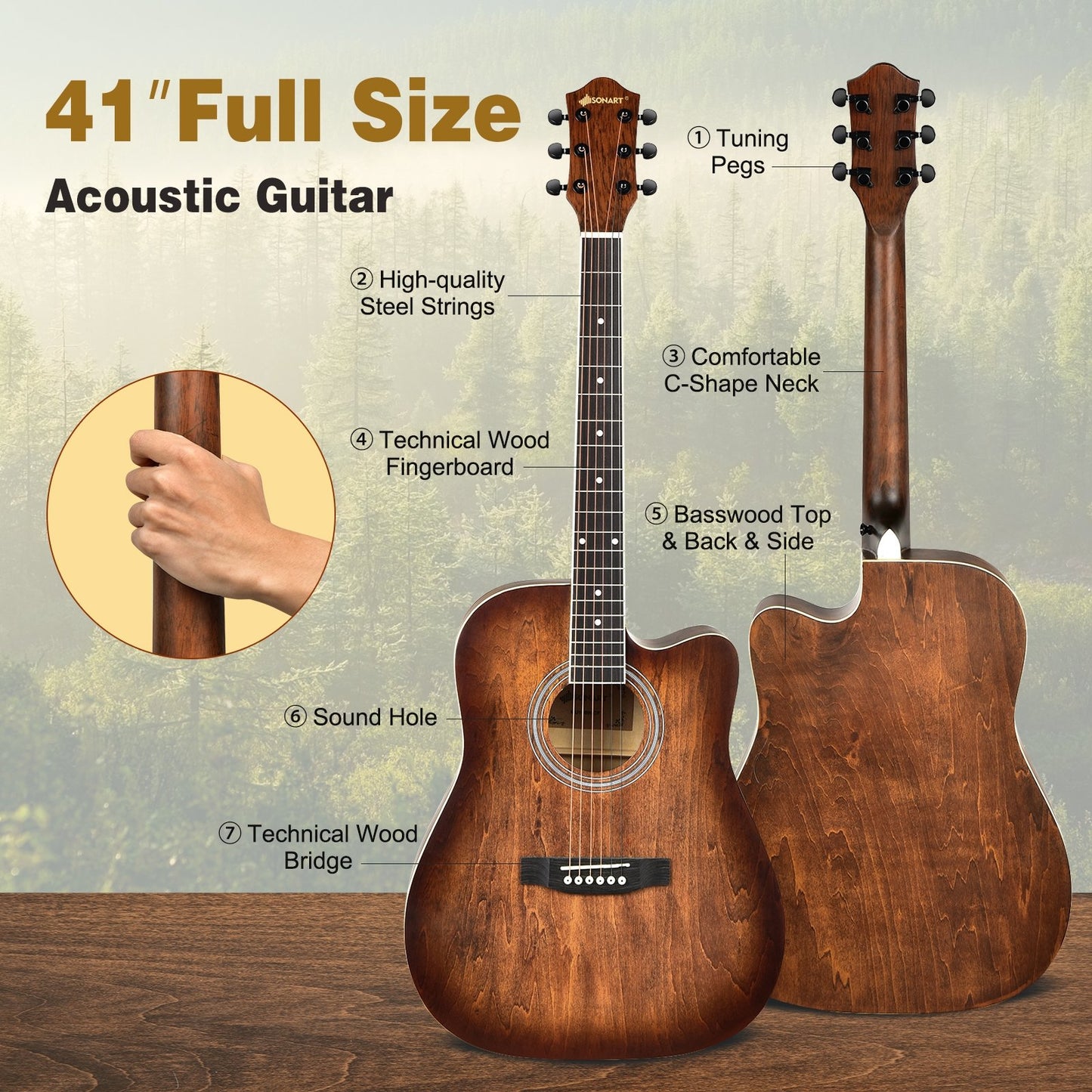 41 Inch Full Size Cutaway Acoustic Guitar Set for Beginner, Brown at Gallery Canada