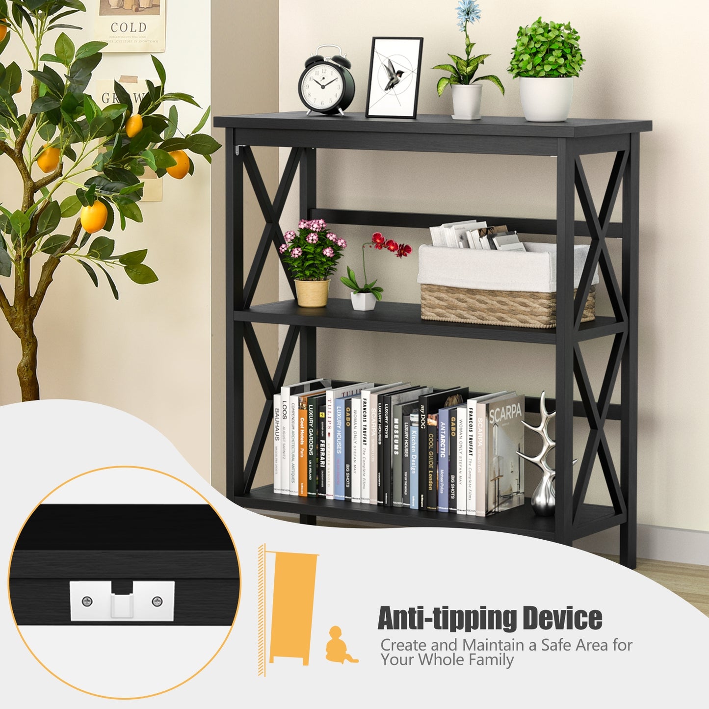 3-Tier Multi-Functional Storage Shelf Units Wooden Open Bookcase and Bookshelf, Black Bookcases at Gallery Canada