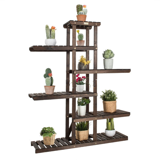 6 Tier Wood Plant Stand with Vertical Shelf Flower Display Rack Holder, Brown