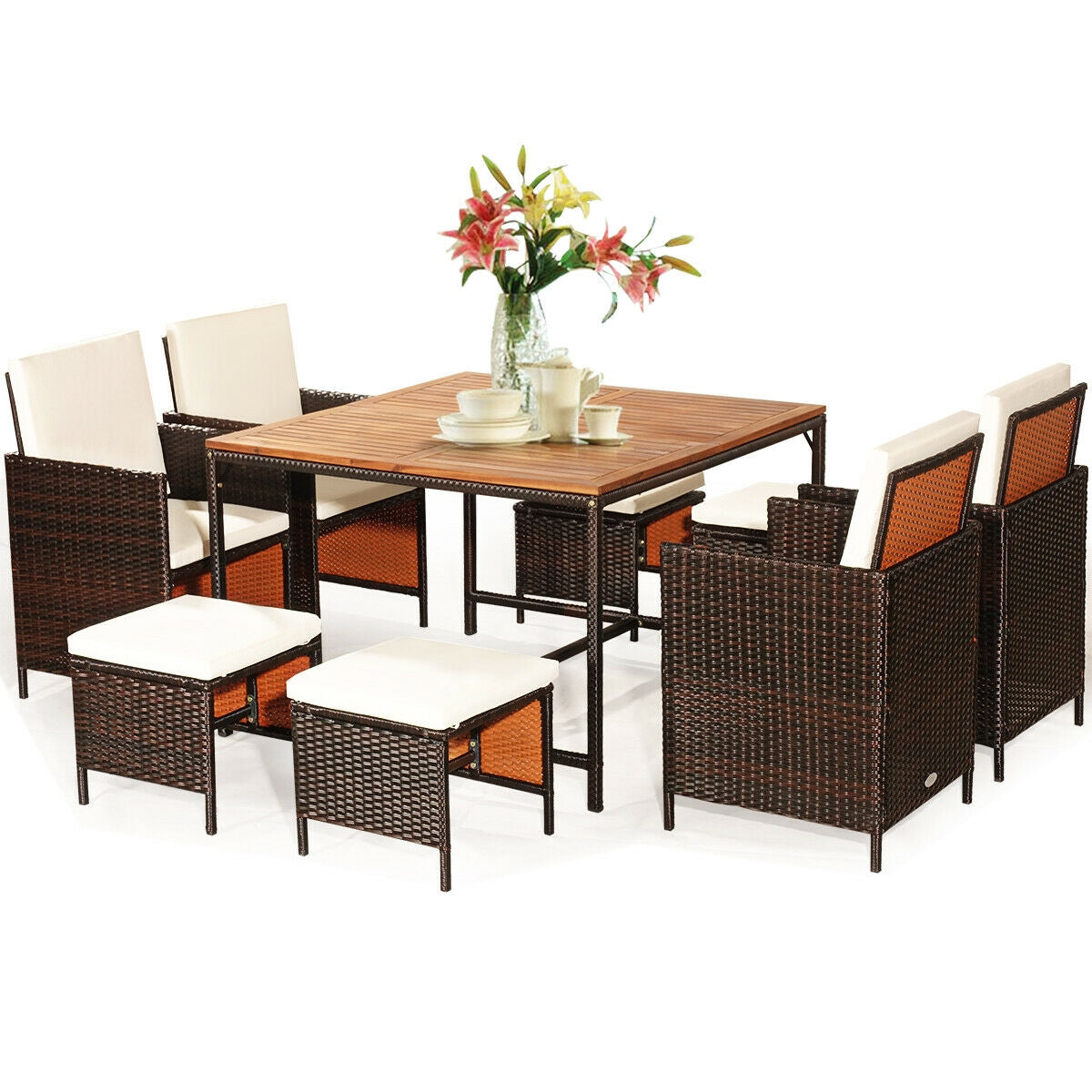 9 Pieces Patio Rattan Dining Cushioned Chairs Set, White Patio Dining Sets at Gallery Canada