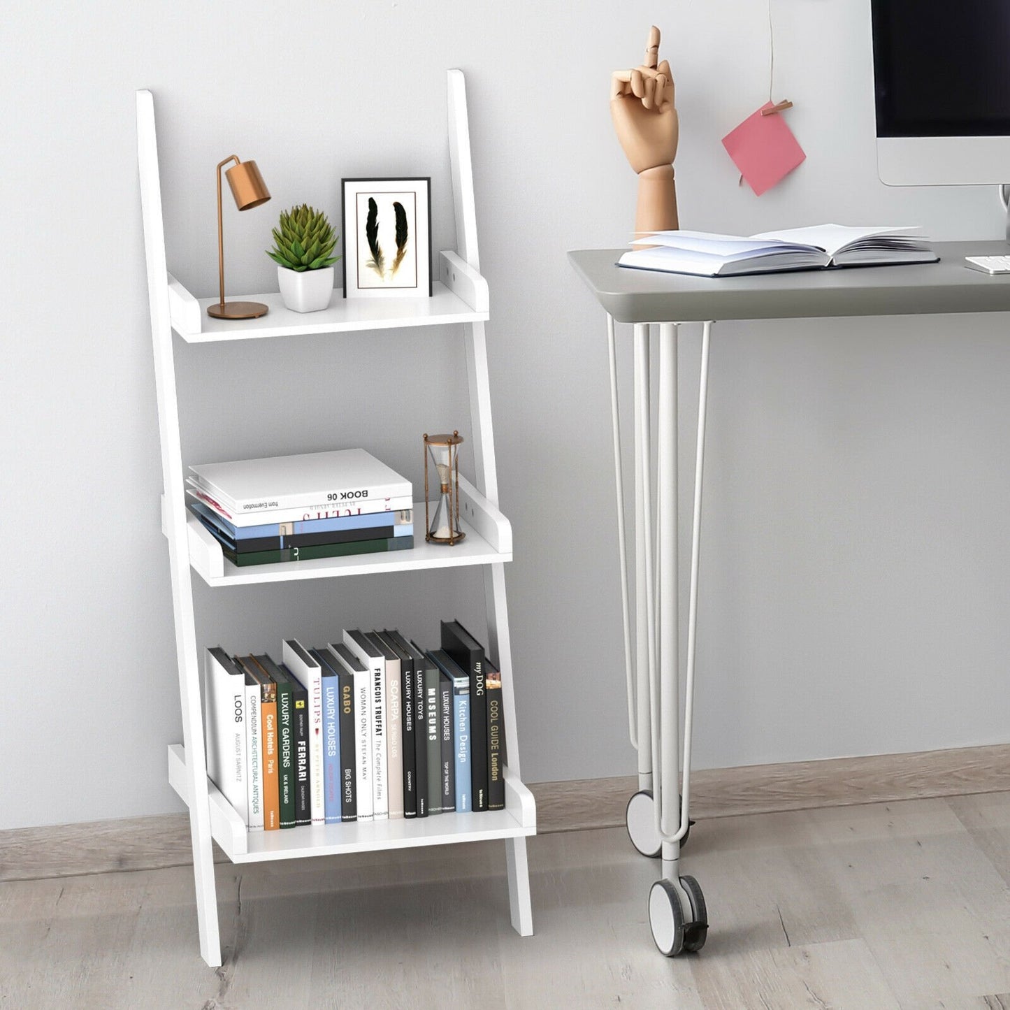 3 Tier Leaning Rack Wall Book Shelf Ladder, White at Gallery Canada