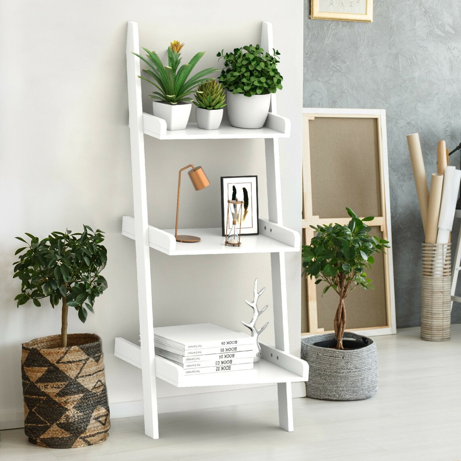 3 Tier Leaning Rack Wall Book Shelf Ladder, White at Gallery Canada