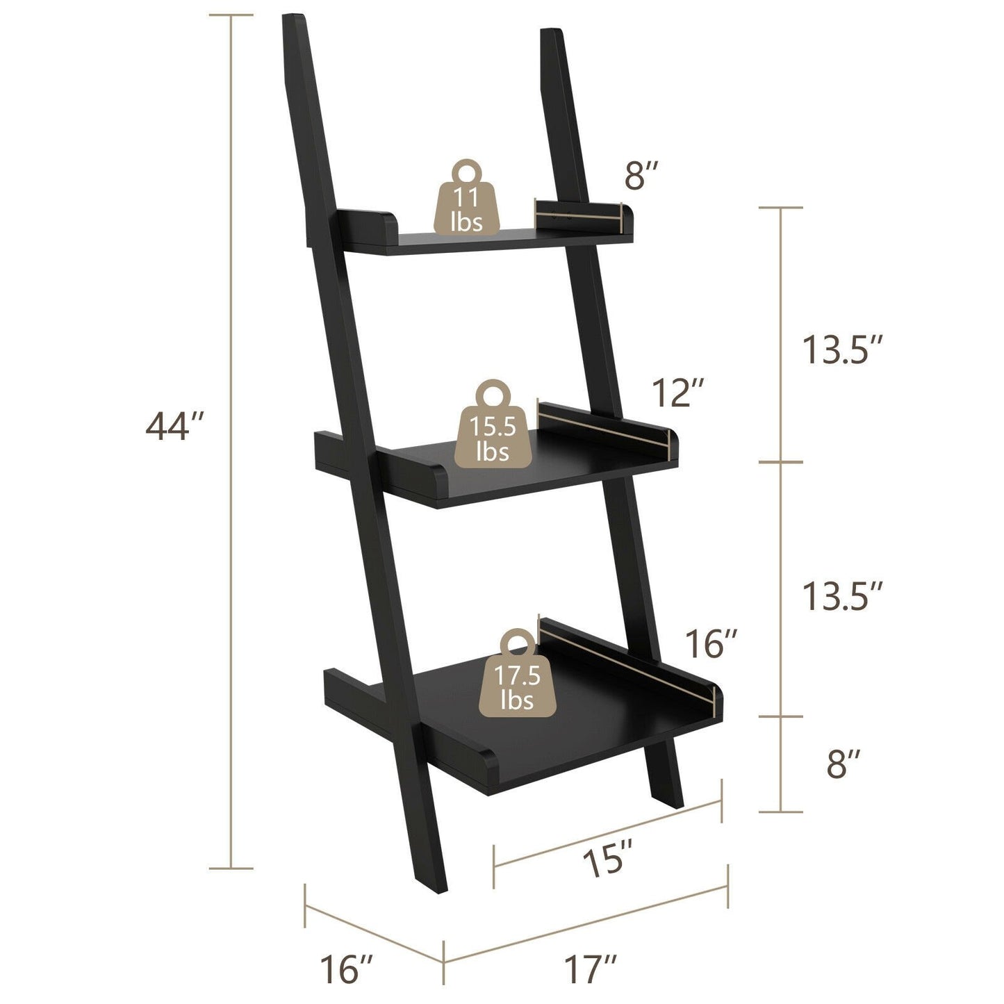 3 Tier Leaning Rack Wall Book Shelf Ladder, Black at Gallery Canada