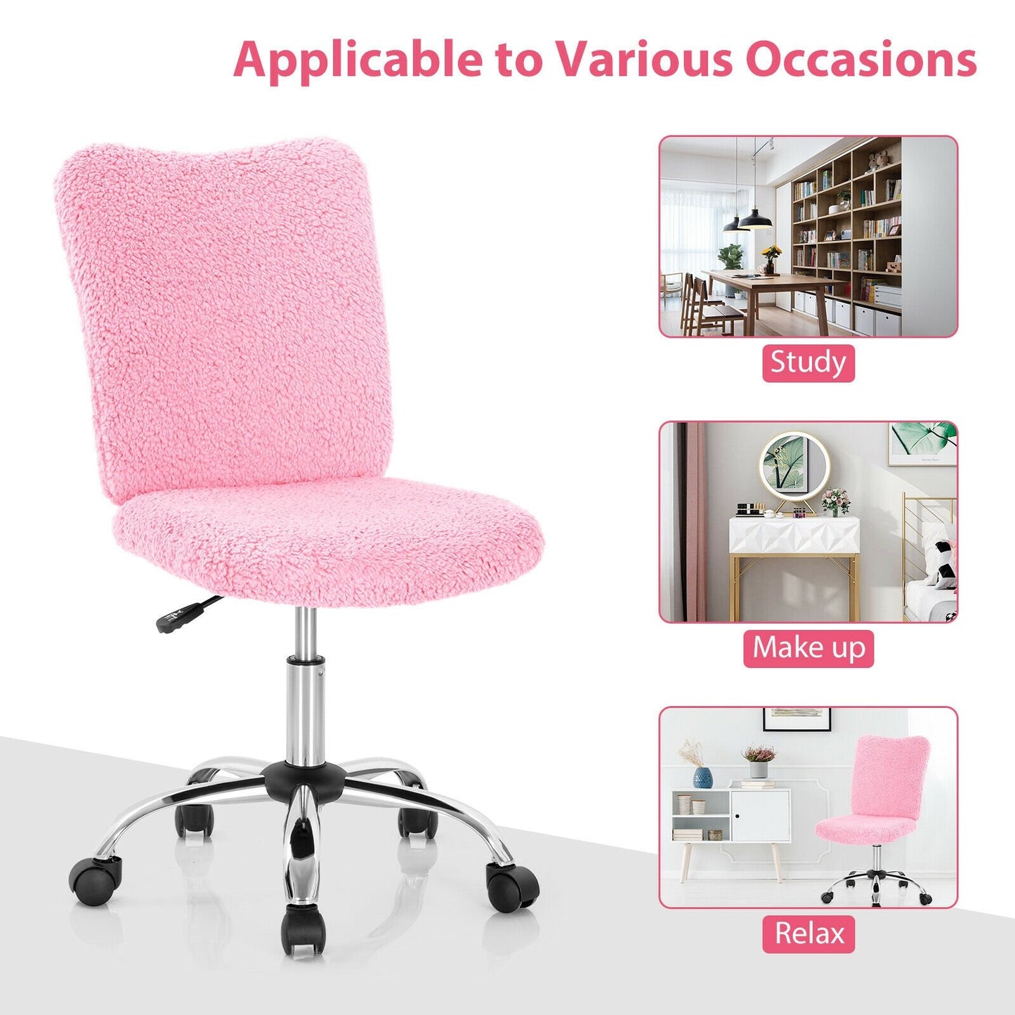 Armless Faux Fur Leisure Office Chair with Adjustable Swivel, Pink at Gallery Canada