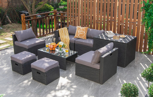 8 Piece Patio Rattan Storage Table Set, Gray Outdoor Sectionals Gray at Gallery Canada