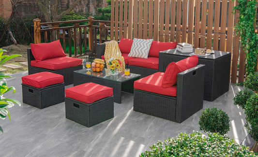 8-Piece Patio Rattan Storage Table Set, Red Outdoor Sectionals Red at Gallery Canada