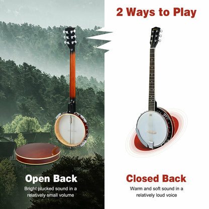 39 Inch Sonart Full Size 6 string 24 Bracket Professional Banjo Instrument with Open Back, Black