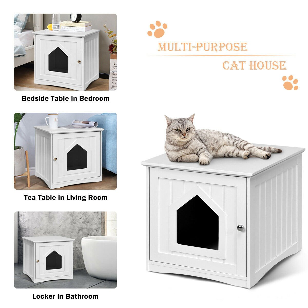 Sidetable Nightstand Weatherproof Multi-function Cat House, White at Gallery Canada