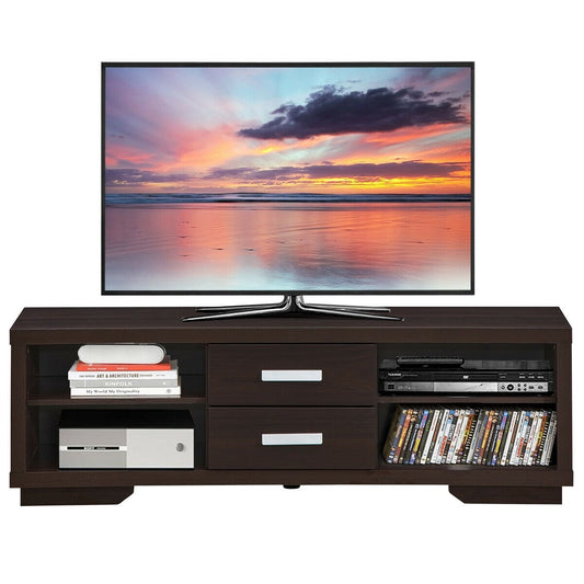 Modern TV Stand Entertainment Center with 2 Drawers and 4 Open Shelves, Black at Gallery Canada
