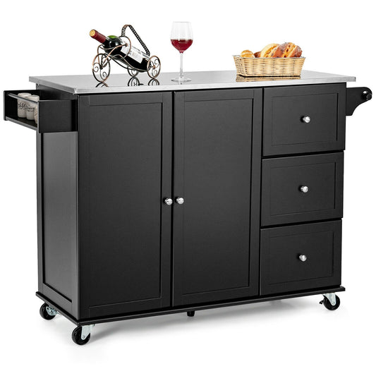 Kitchen Island 2-Door Storage Cabinet with Drawers and Stainless Steel Top, Black at Gallery Canada