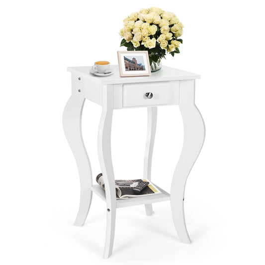 2-Tier End Table with Drawer and Shelf for Living Room Bedroom, White