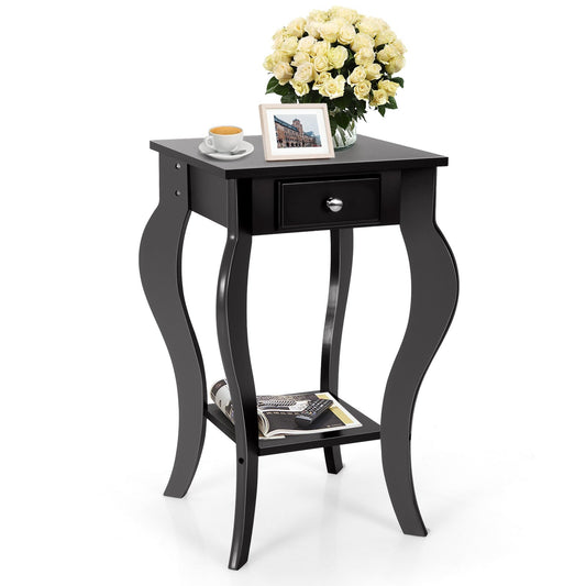 2-Tier End Table with Drawer and Shelf for Living Room Bedroom, Black