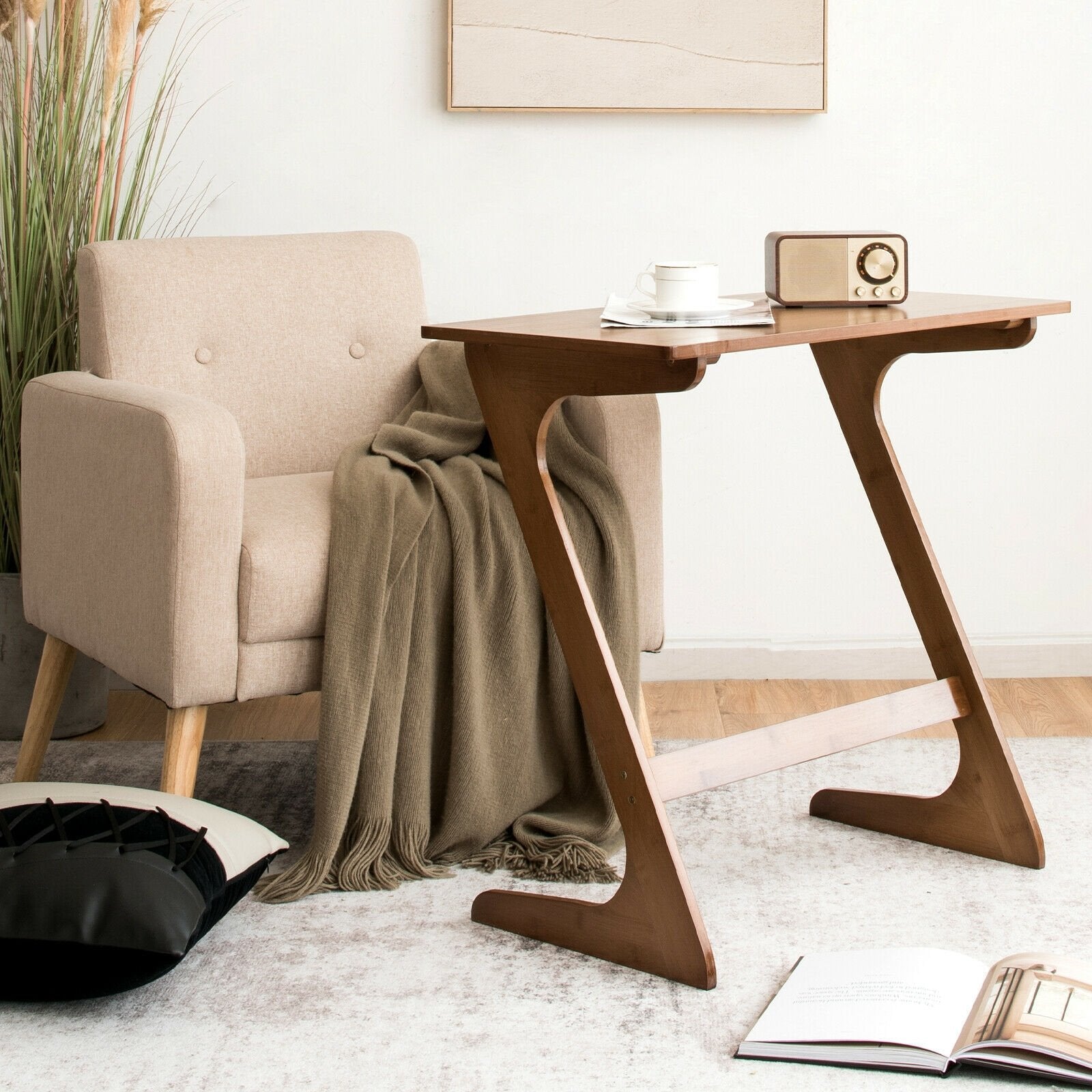 Bamboo Z-Shaped Spacious Sofa Side Table with Space-Saving Tabletop, Coffee at Gallery Canada