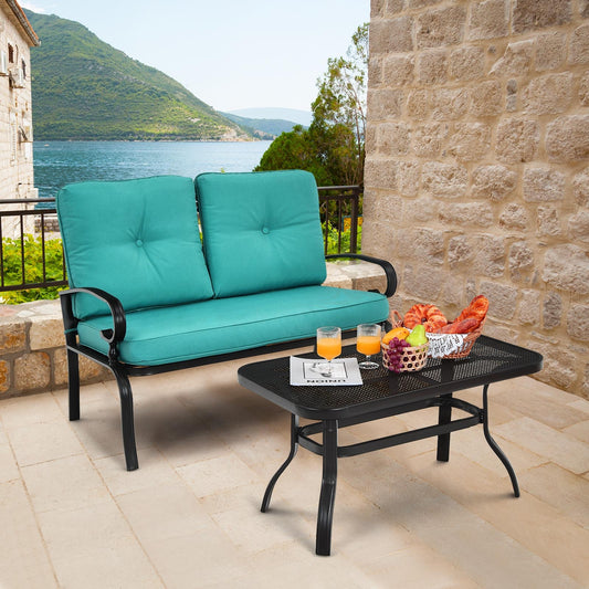 2PCS Patio Loveseat Bench Table Set, Cushioned Chair, Turquoise