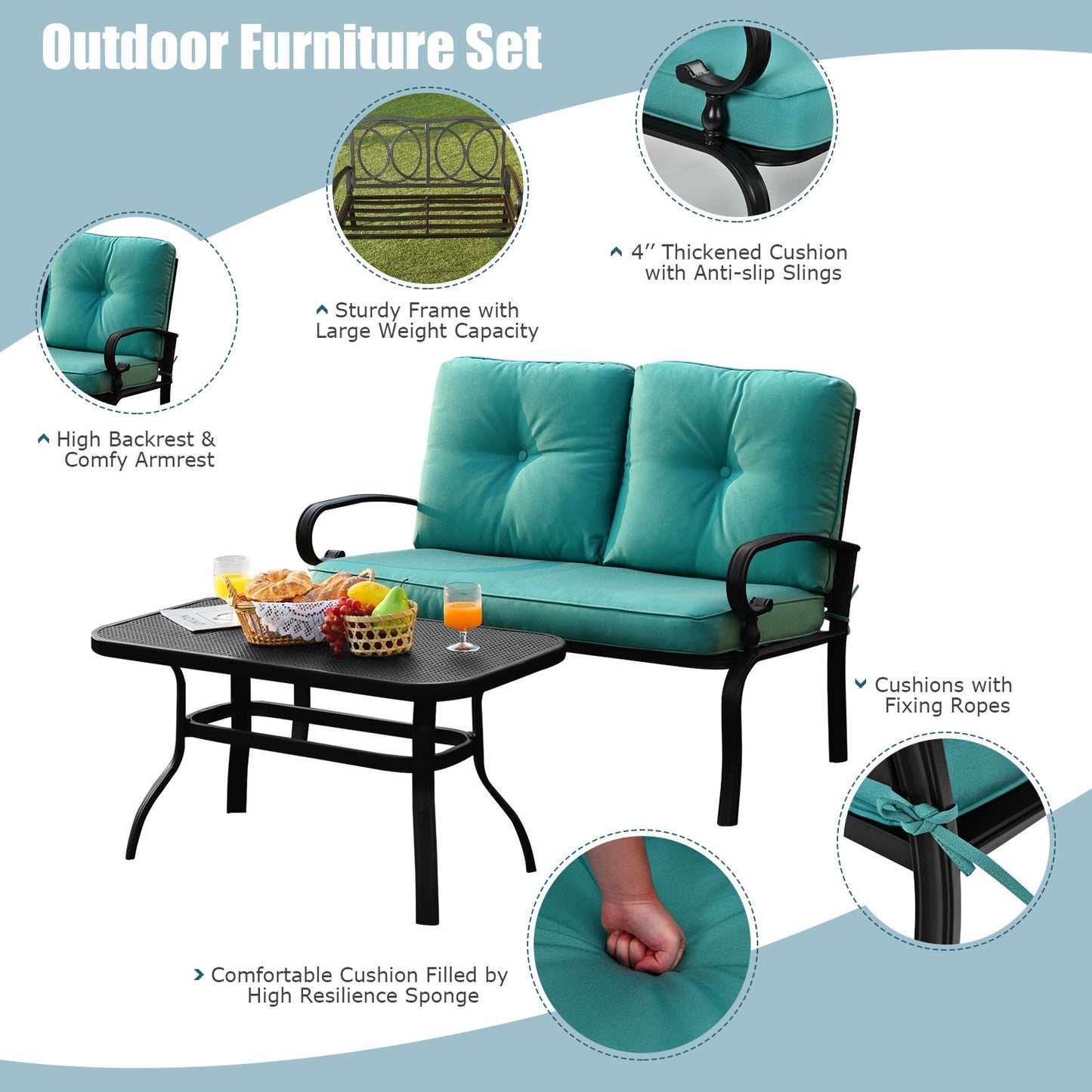 2PCS Patio Loveseat Bench Table Furniture Set with Cushioned Chair, Turquoise Patio Conversation Sets at Gallery Canada