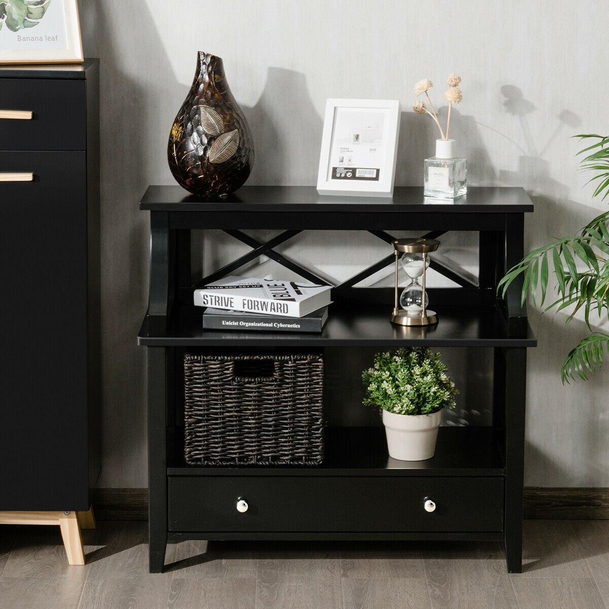 3-Tier Storage Rack End table Side Table with Slide Drawer , Black at Gallery Canada