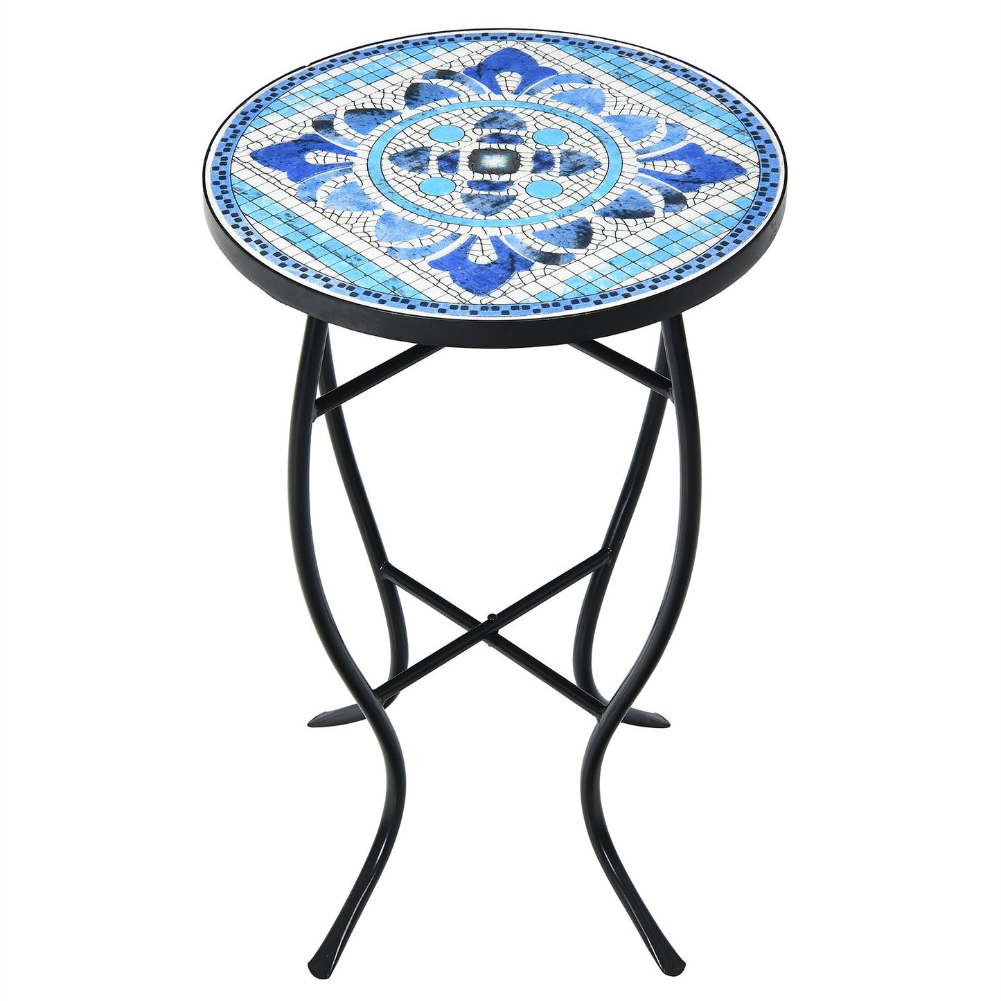Mosaic Side Round Balcony Bistro End Table with Ceramic Tile Top, Multicolor