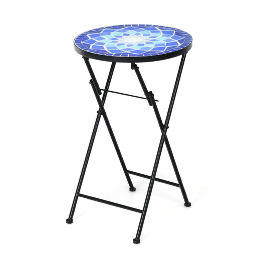 Folding Mosaic Side Table Accent Table, Dark Blue