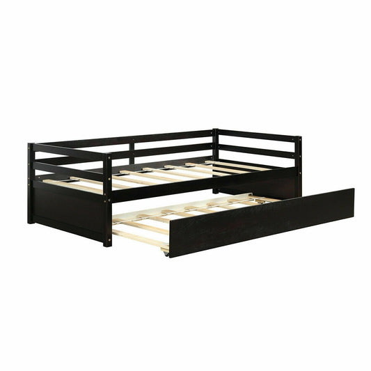 Twin Size Trundle Platform Bed Frame with  Wooden Slat Support, Dark Brown at Gallery Canada