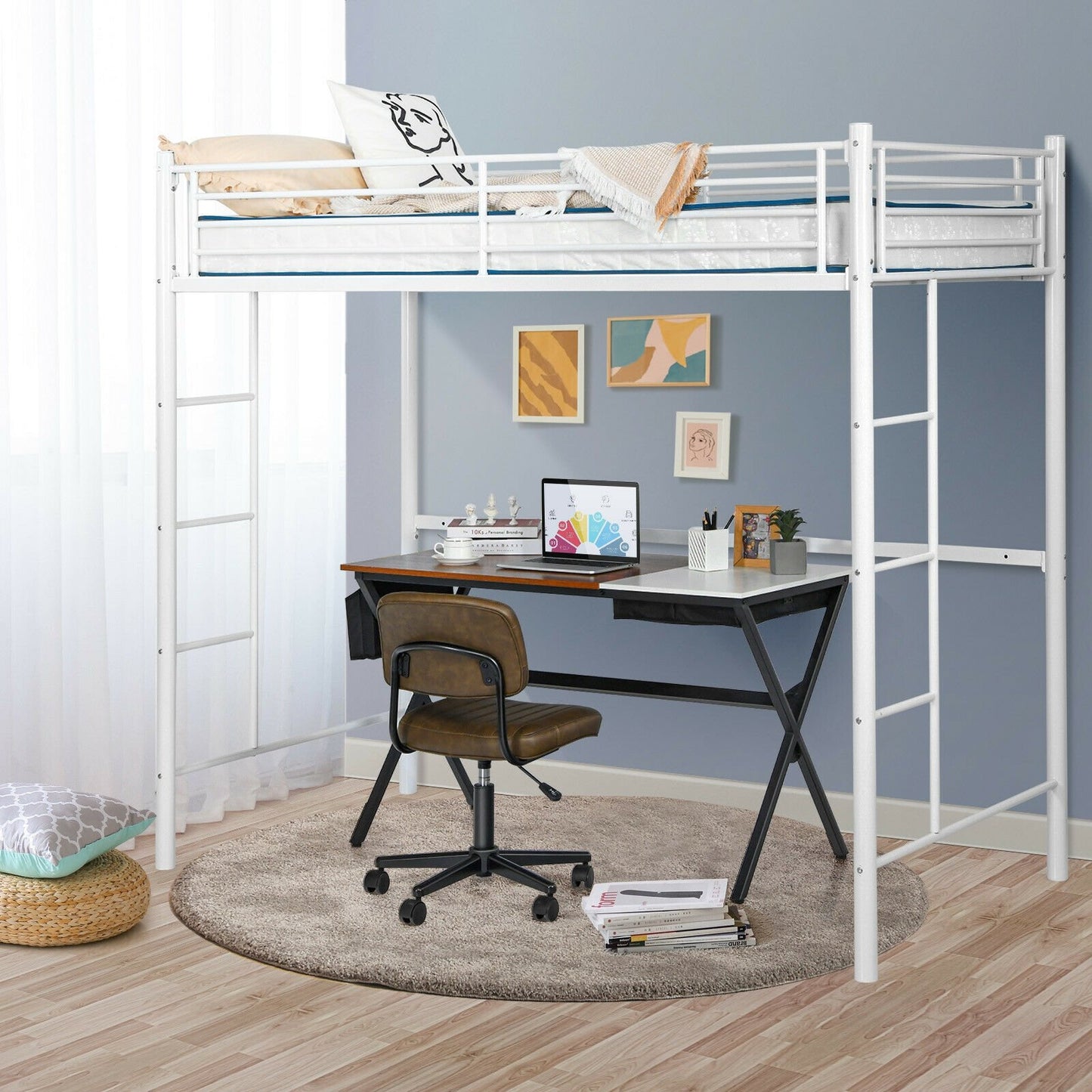 Twin Loft Bed Frame with 2 Ladders Full-length Guardrail , White
