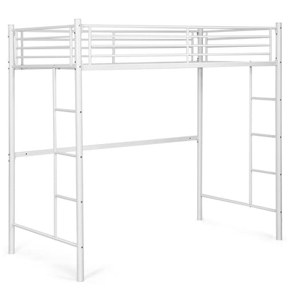 Twin Loft Bed Frame with 2 Ladders Full-length Guardrail , White
