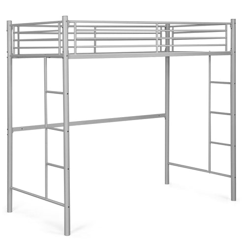 Twin Loft Bed Frame with 2 Ladders Full-length Guardrail, Silver
