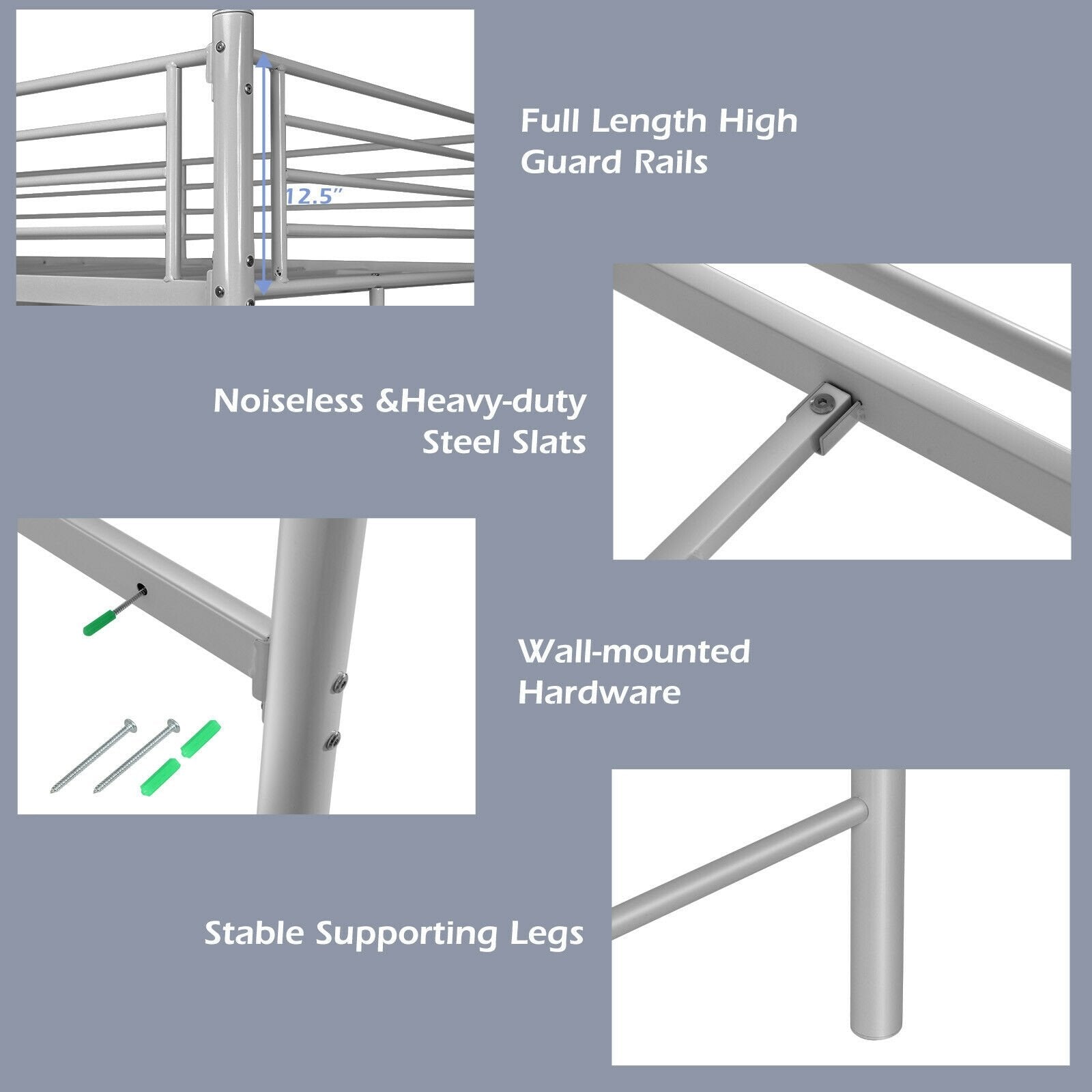 Twin Loft Bed Frame with 2 Ladders Full-length Guardrail, Silver at Gallery Canada
