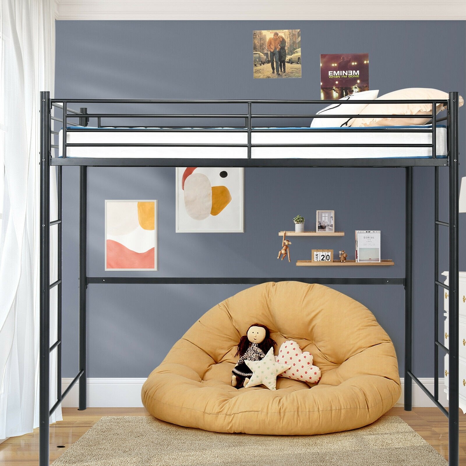 Twin Loft Bed Frame with 2 Ladders Full-length Guardrail , Black at Gallery Canada