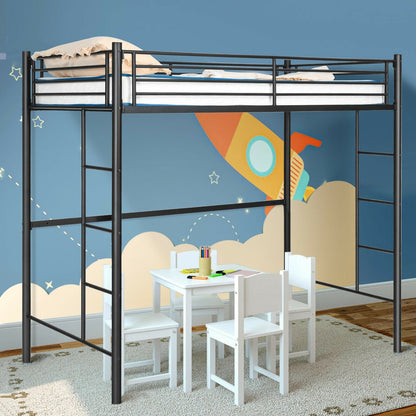 Twin Loft Bed Frame with 2 Ladders Full-length Guardrail , Black