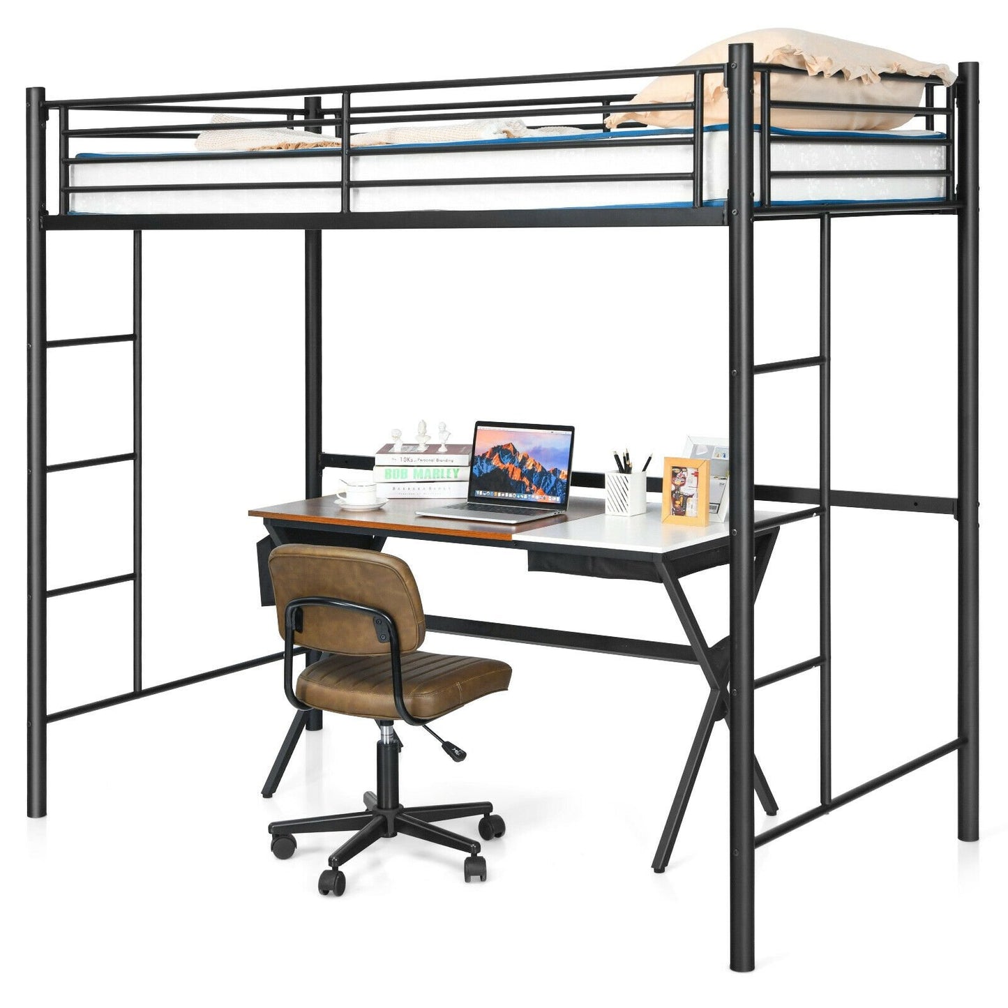 Twin Loft Bed Frame with 2 Ladders Full-length Guardrail , Black