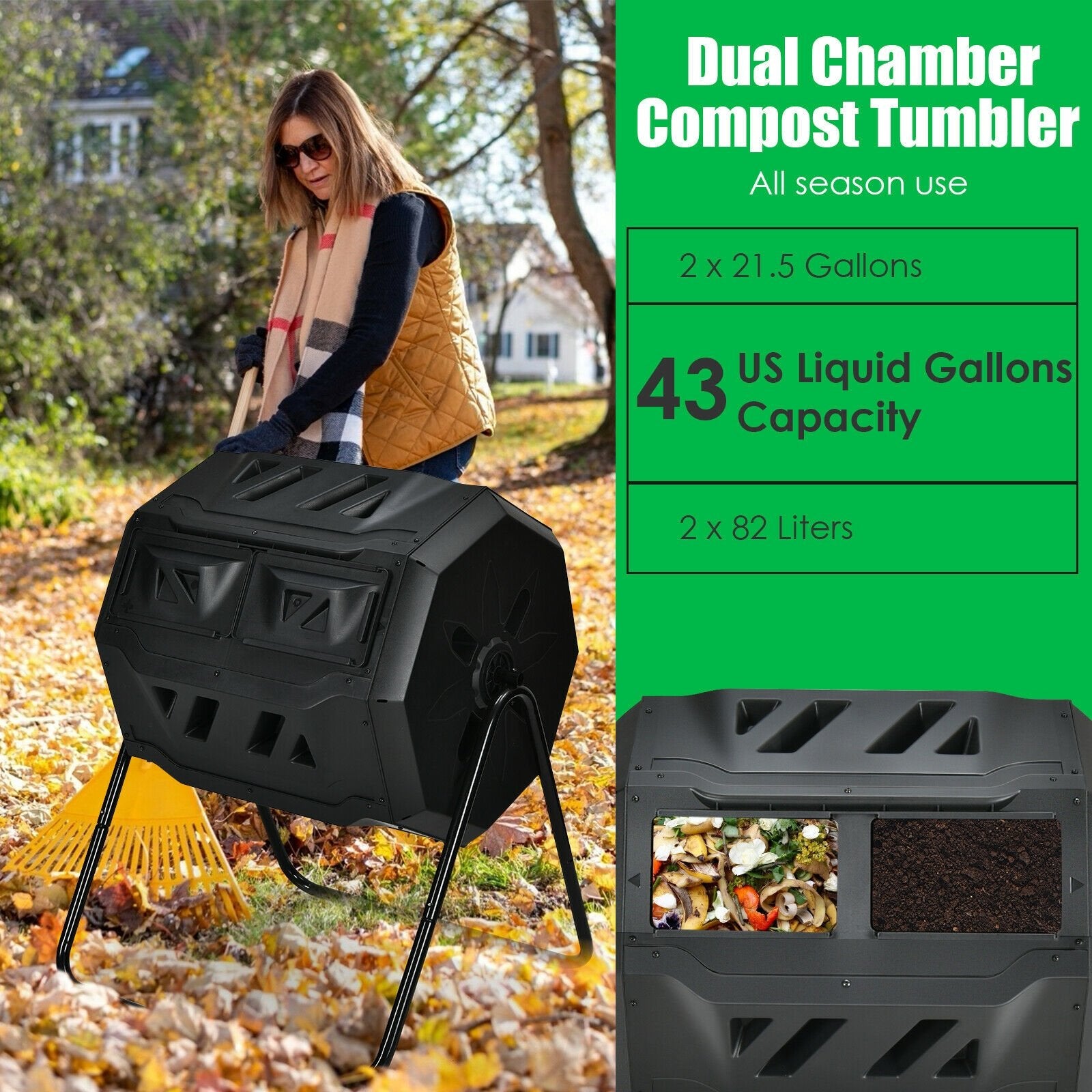 43 Gallon Composting Tumbler Compost Bin with Dual Rotating Chamber, Black at Gallery Canada