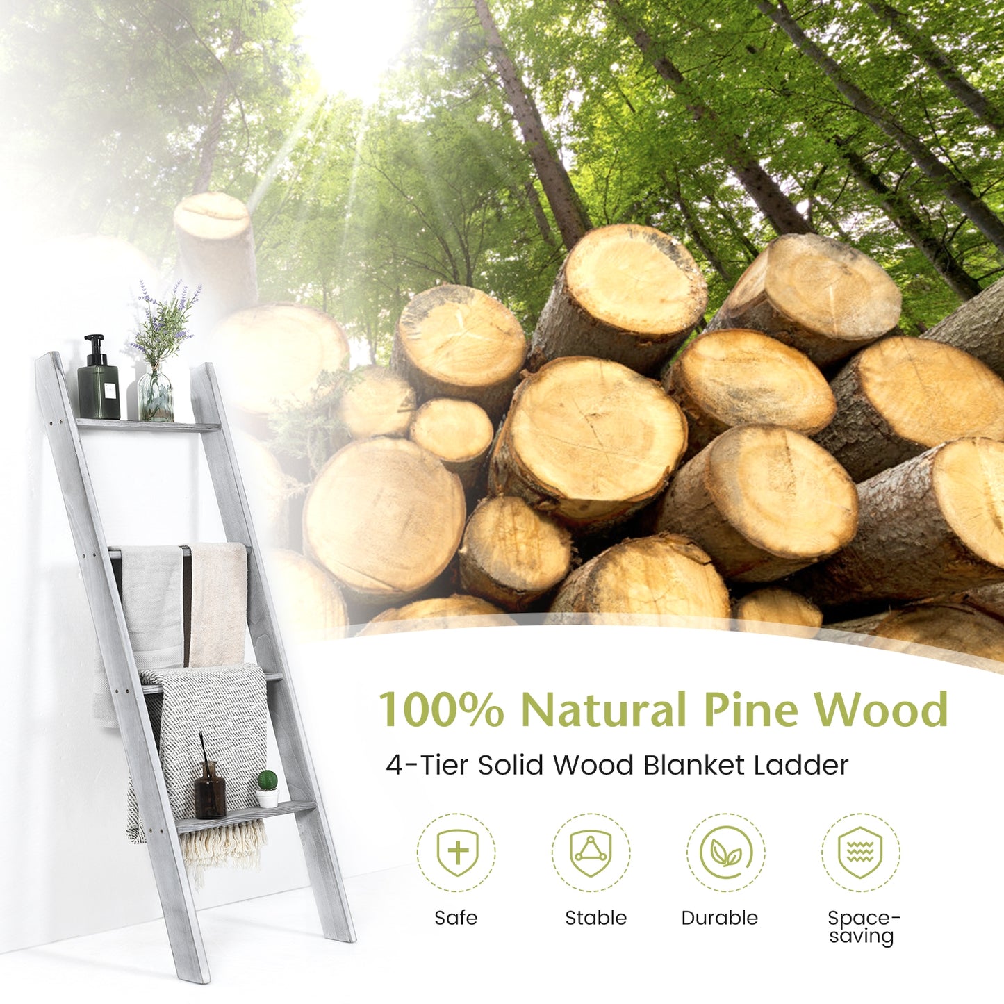 4-Tier Wall Leaning Ladder Shelf Stand, Gray Towel Racks at Gallery Canada