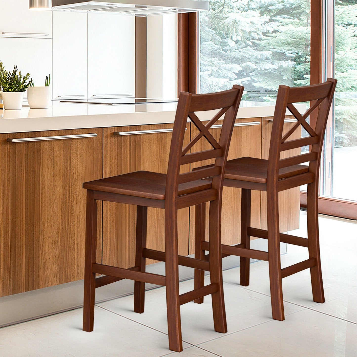 Set of 2 Bar Stools 25 Inch Counter Height Chairs with Rubber Wood Legs, Walnut at Gallery Canada