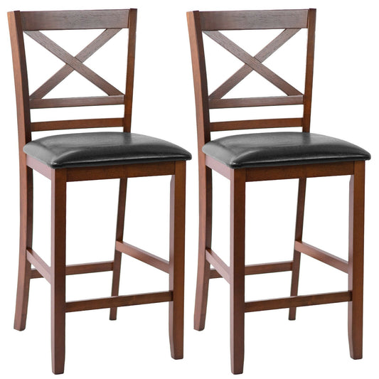 Set of 2 Bar Stools 25 Inch Counter Height Chairs with PU Leather Seat, Walnut