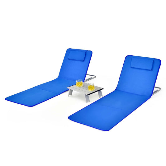 3 Pieces Beach Lounge Chair Mat Set 2 Adjustable Lounge Chairs with Table Stripe, Blue