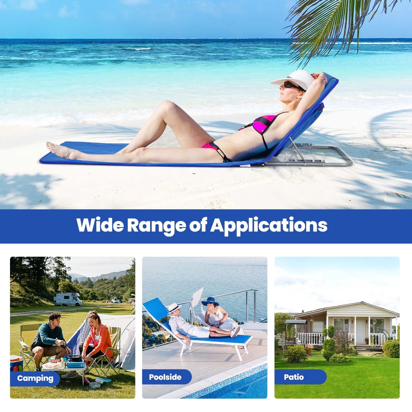 Beach Lounge Chair Mat Set, 3 Pieces, 2 Adjustable Chairs With Table, Blue Beach & Lawn Chairs at Gallery Canada