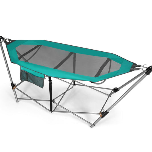 Folding Hammock Indoor Outdoor Hammock with Side Pocket and Iron Stand, Turquoise