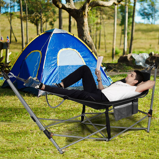 Folding Hammock Indoor Outdoor Hammock with Side Pocket and Iron Stand, Black Hammocks Black at Gallery Canada