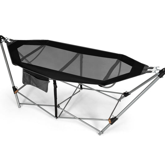 Folding Hammock Indoor Outdoor Hammock with Side Pocket and Iron Stand, Black