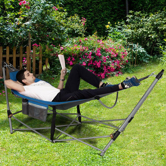 Folding Hammock Indoor Outdoor Hammock with Side Pocket and Iron Stand, Blue Hammocks Blue at Gallery Canada