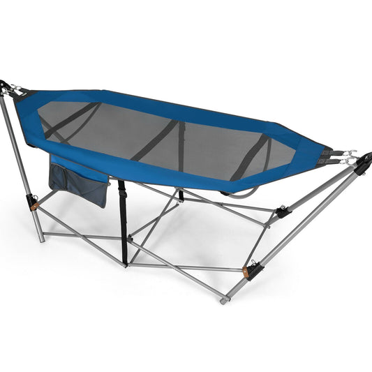 Folding Hammock Indoor Outdoor Hammock with Side Pocket and Iron Stand, Blue